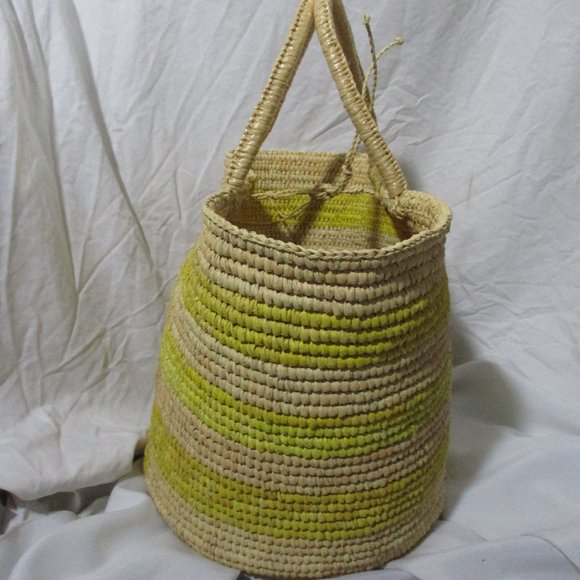 New SENSI STUDIO Woven Basket Bucket TOTE Bag NATURAL YELLOW Purse - Picture 3 of 7